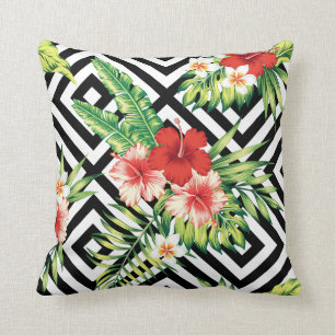 Coussin Arrière - plan géométrique et fleurs tropicales co