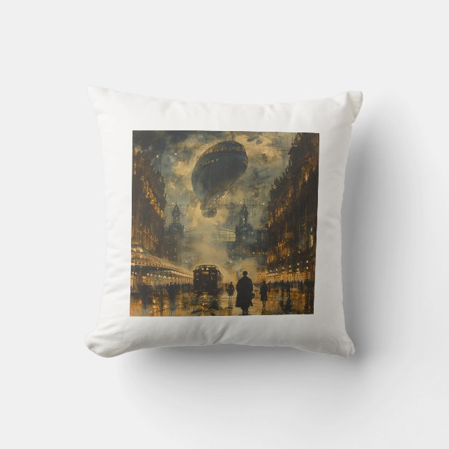 Coussin Arrivée en soirée - Une scène de rue Steampunk (Recto)