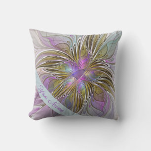 Coussin Art abstrait floral coloré avec nom rose et or