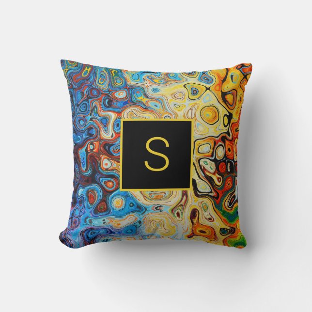 Coussin Art Abstrait Moderne Monogramme jaune orange bleu (Recto)