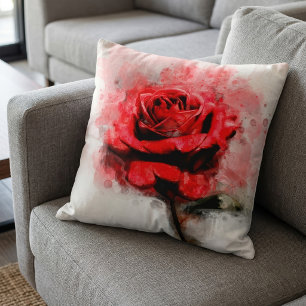 Coussin Art aquarelle d'une rose rouge sur fond blanc