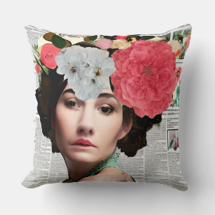 Coussin Art de collage de papier floral pour femmes vintag