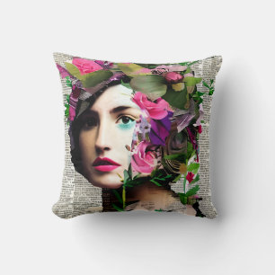 Coussin Art de collage en papier de femme vintage
