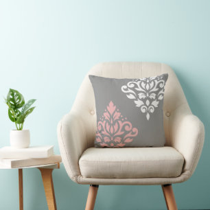 Coussin Art de Damas en Rouleau I Rose Blanc Gris