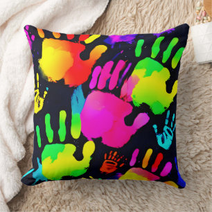 Coussin Art de l'empreinte de main néon vibrant