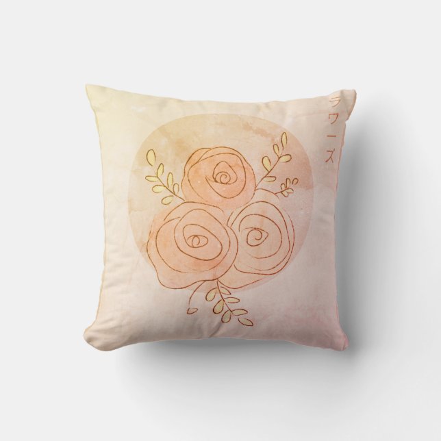 Coussin Art de ligne japonais brûlé ambre roses (Recto)