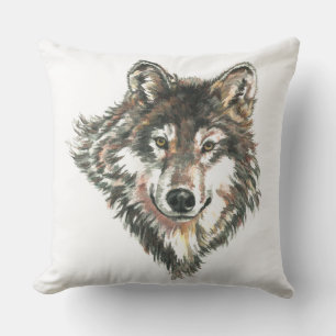 Coussin Art de logo de tête de loup gris d'aquarelle
