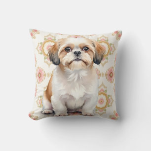 Coussin Art de médaillon floral aquarelle du Shih Tzu