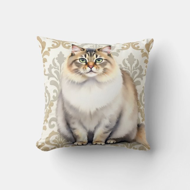 Coussin Art de motif damas à l'aquarelle de chat persan (Recto)