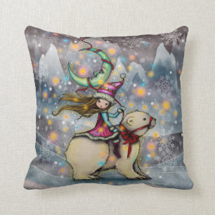 Coussin Art de Noël d'elfe chevauchant un ours polaire