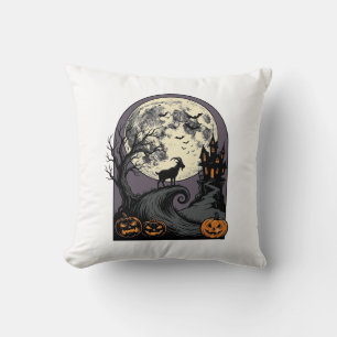 Coussin Art de silhouette Halloween vintage lune chèvre ha