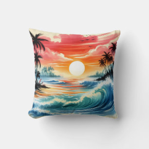 Coussin Art de style encre japonaise Océan Vagues Coucher