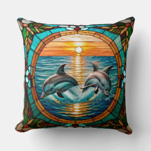 Coussin Art de verre coloré avec des dauphins bondissant a