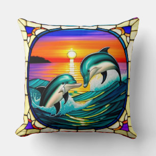 Coussin Art de verre coloré avec des dauphins bondissant a