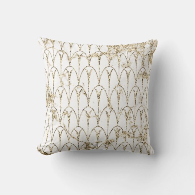 Coussin Art Déco Escaliers Géométrie Blanc Faux Marbre Or (Recto)