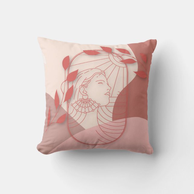 Coussin Art Déco Femme Visage Abstrait Formes Feuilles (Recto)