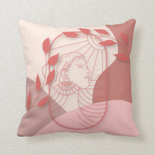 Coussin Art Déco Femme Visage Abstrait Formes Feuilles