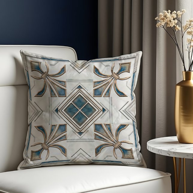 Coussin Art Déco Fleur de lis Bleu et Blanc (Créateur téléchargé)