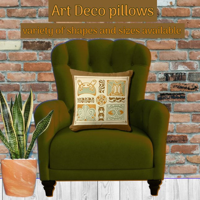Coussin Art Déco Floral Abstrait avec Sage Vert et Or (Créateur téléchargé)