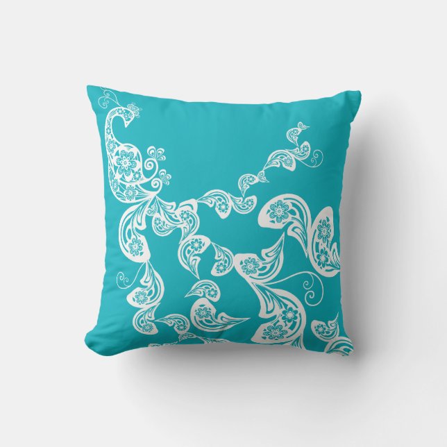 Coussin Art Déco Floral Peacock Paisley Chic Turquoise (Recto)