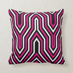Coussin Art déco géométrique - rose fuchsia, noir et blanc