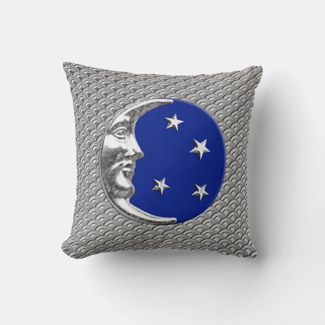 Coussin Art Déco Lune et étoiles - Cobalt Bleu et Argent (Recto)