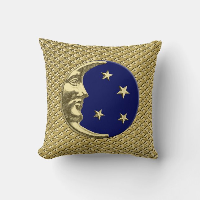 Coussin Art Déco Lune et étoiles - Marine Bleu et Or (Recto)