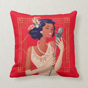 Coussin Art Déco Vintage 1920 Girl Singer Cadre Rouge