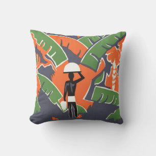 Coussin Art Déco Vintage Voyage, Autochtone dans la Jungle