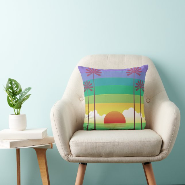 Coussin Art des palmiers au coucher du soleil violet rétro (Chaise)