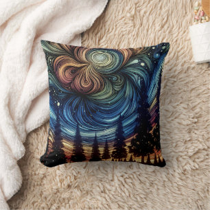 Coussin Art éthéré mystique avec des arbres et un ciel noc