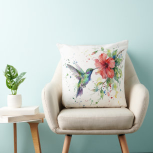 Coussin Art floral aquarelle de colibri coloré de la natur