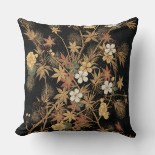 Coussin Art floral automnal vintage japonais or noir