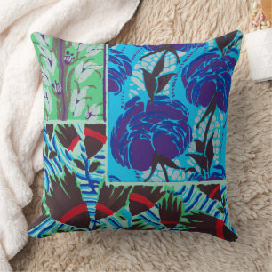 Coussin Art floral bleu et vert maximaliste vibrant