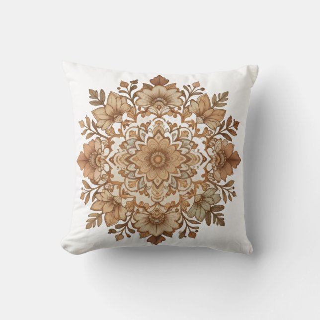 Coussin Art floral mandala complexe tons bruns (Recto)