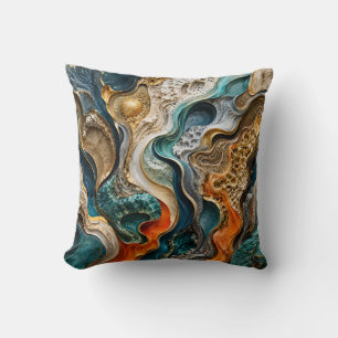 Coussin Art fluide 3D abstrait sarcelle et orange de luxe