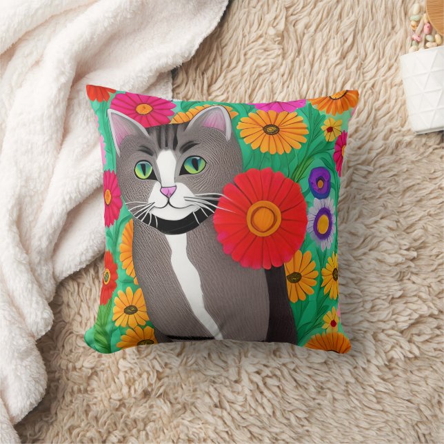 Coussin Art folklorique Style Whimsical Kitty Chat et Fleu (Couverture)