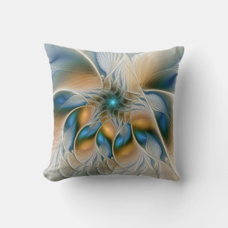 Coussin Art fractal abstrait et fantaisiste avec du bleu