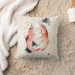 Coussin Art japonais de crevette aquarelle avec calligraph