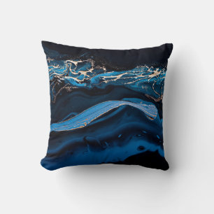 Coussin Art liquide. Or métallique liquide en bleu abstrai