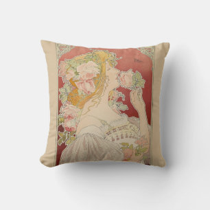 Coussin Art Nouveau Belle Époque Dame Roses Livemont