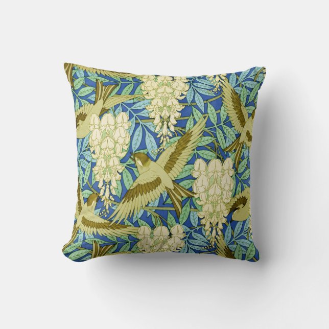 Coussin Art Nouveau de glycines et d'oiseaux floral (Recto)