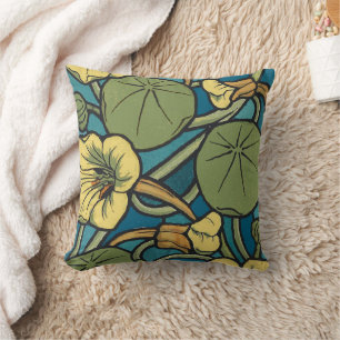 Coussin Art Nouveau Nasturtium Bleu Or floral Verneuil