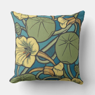 Coussin Art Nouveau Nasturtium Bleu Or floral Verneuil
