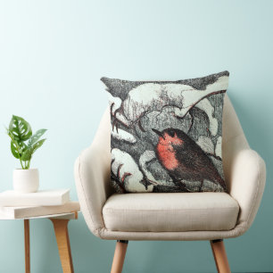 Coussin Art nouveau néerlandais Robin Bird en hiver