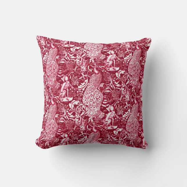 Coussin Art Nouveau Peacock Imprimer, Vin Bourgogne (Recto)