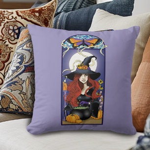 Coussin Art Nouveau Sorcière d'Automne Citrouilles Lune Vi