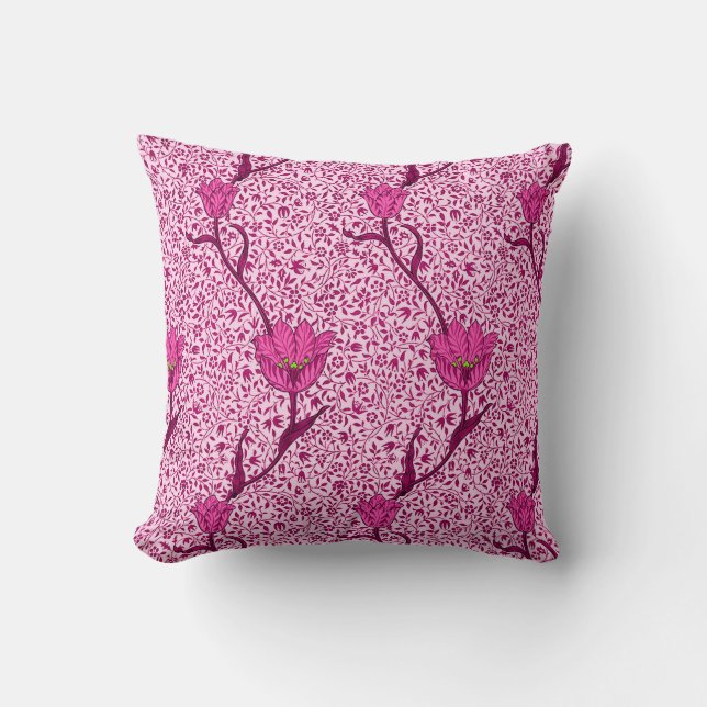 Coussin Art Nouveau Tulipe Damas, Vin et Fuchsia Rose (Recto)