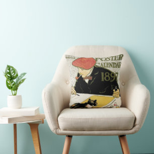 Coussin Art Nouveau vintage, Peinture Artiste avec chat an