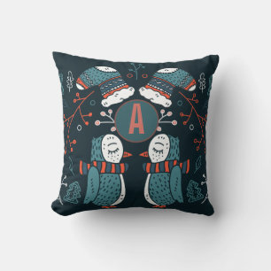 Coussin Art populaire de Noël Monogramme Bleu Rouge Hiboux